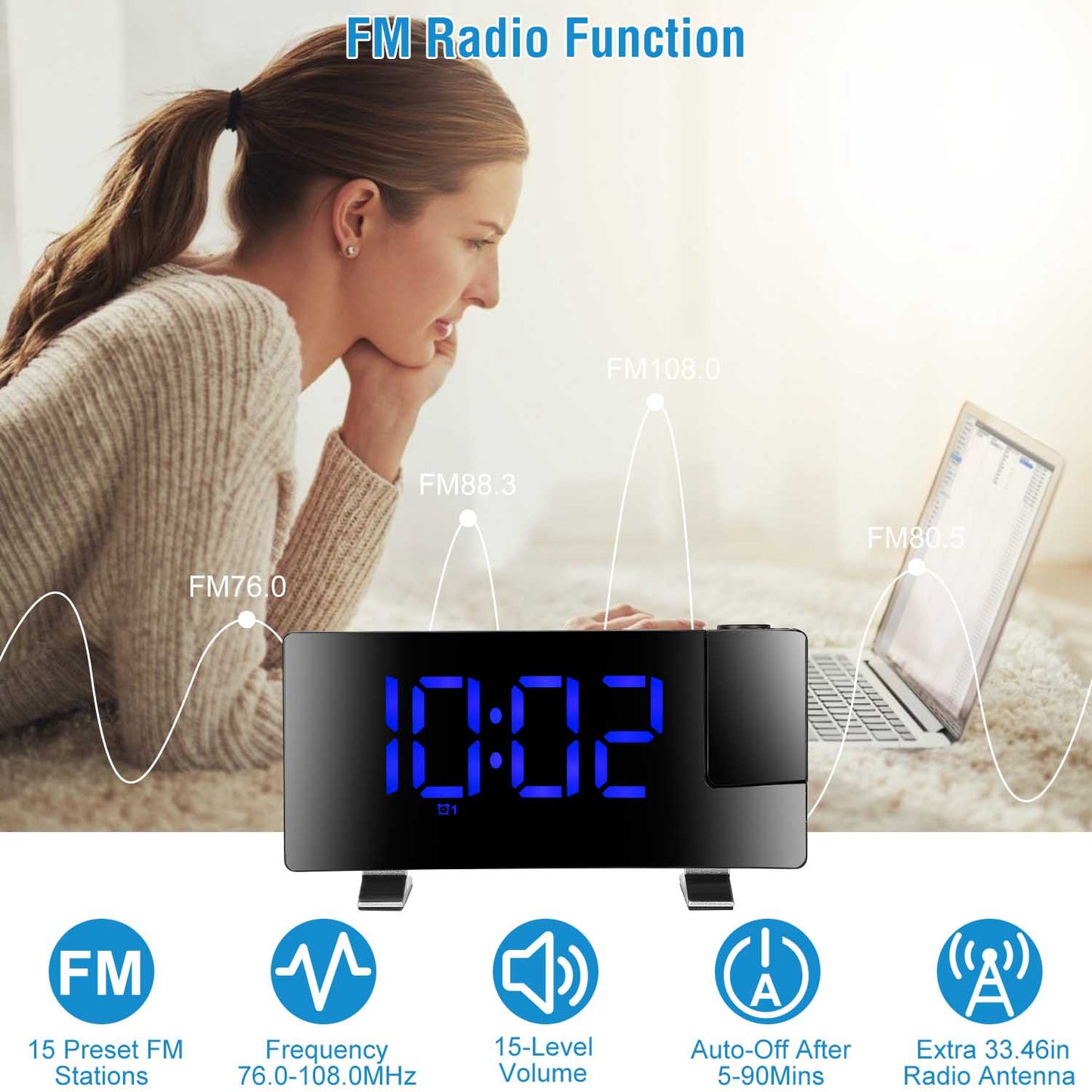 Projection Alarm Clock with FM Radio & 180° Rotatable Projector