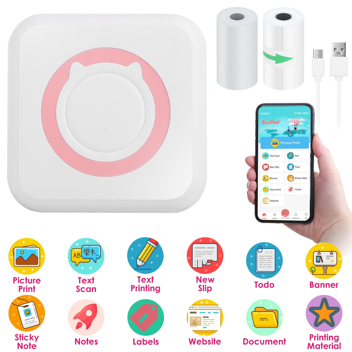 Mini Printer Bluetooth - Portable Thermal Printer for Labels & Photos