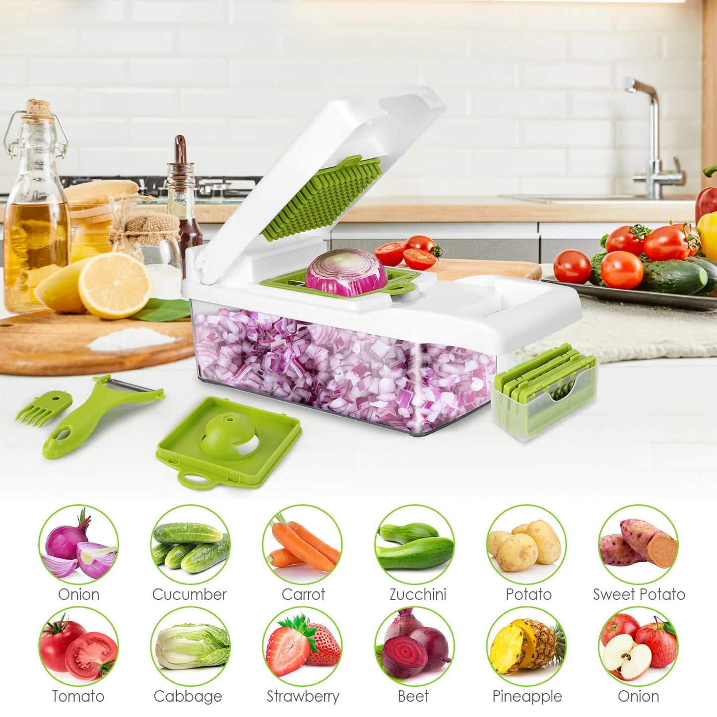 12-in-1 Vegetable Chopper Set with Container – Slicer, Dicer, Grater, Peeler & Egg Separator
