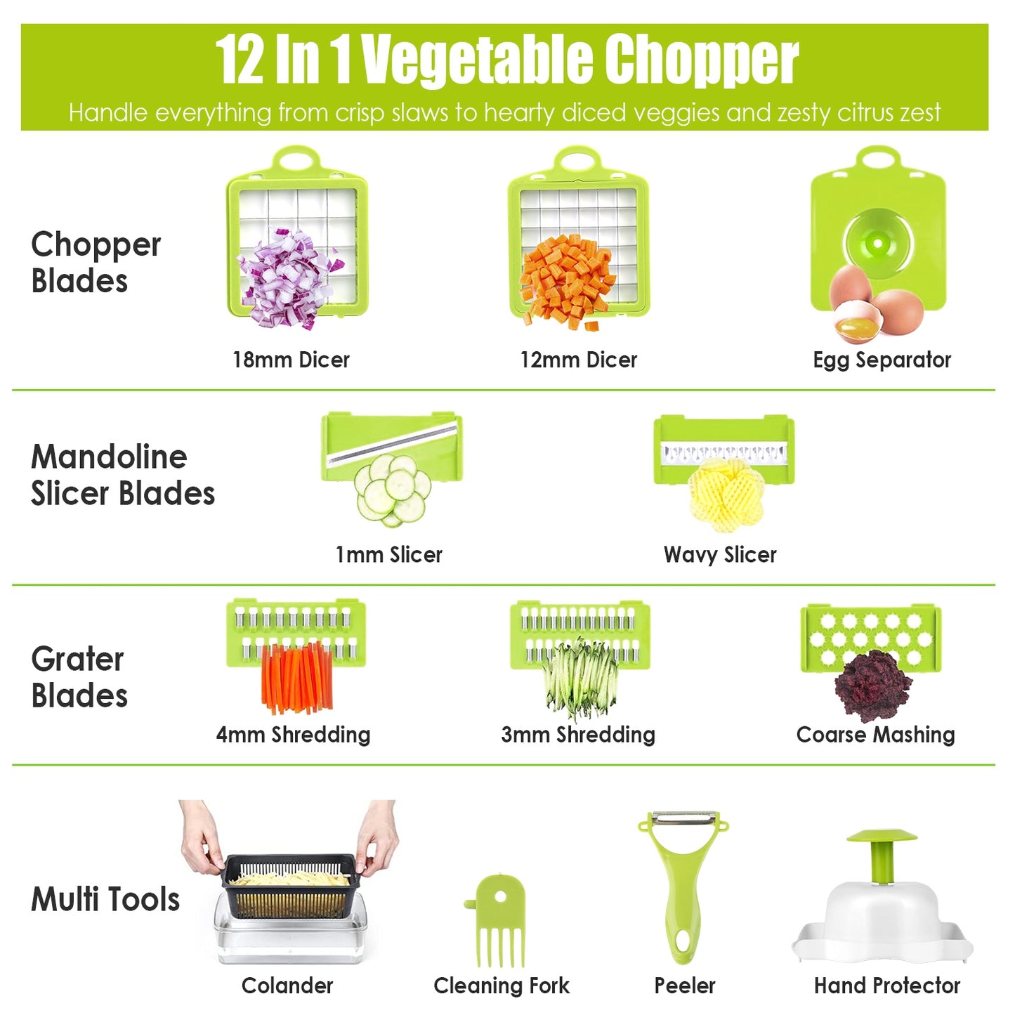 12-in-1 Vegetable Chopper Set with Container – Slicer, Dicer, Grater, Peeler & Egg Separator