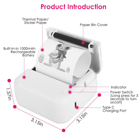 Mini Printer Bluetooth - Portable Thermal Printer for Labels & Photos