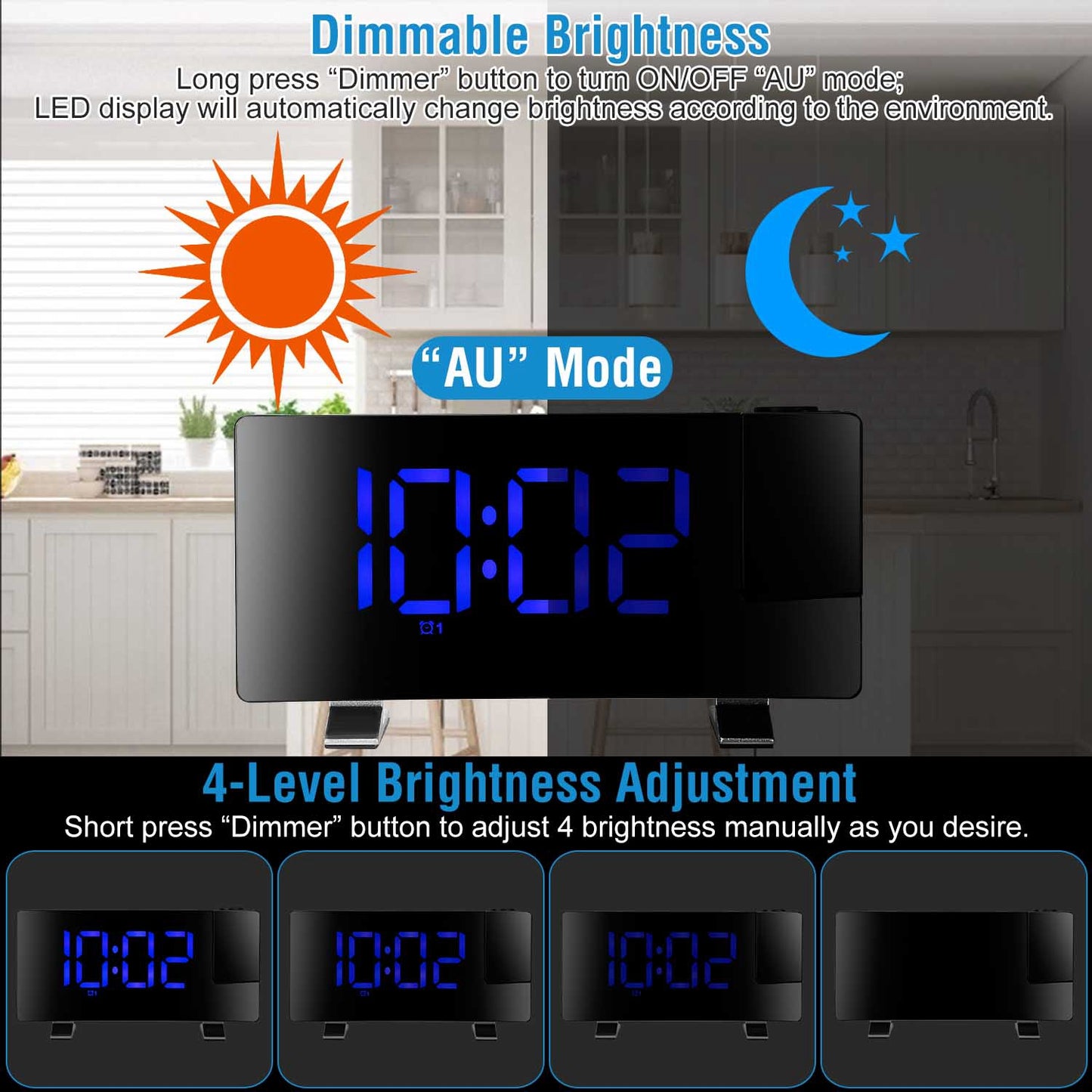 Projection Alarm Clock with FM Radio & 180° Rotatable Projector