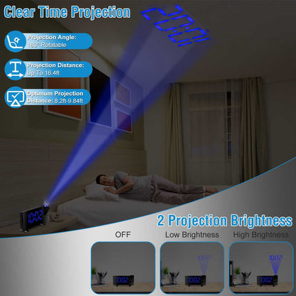 Projection Alarm Clock with FM Radio & 180° Rotatable Projector