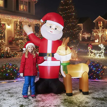 6.3FT Lighted Inflatable Santa & Reindeer – LED Christmas Blow-Up Yard Decoration