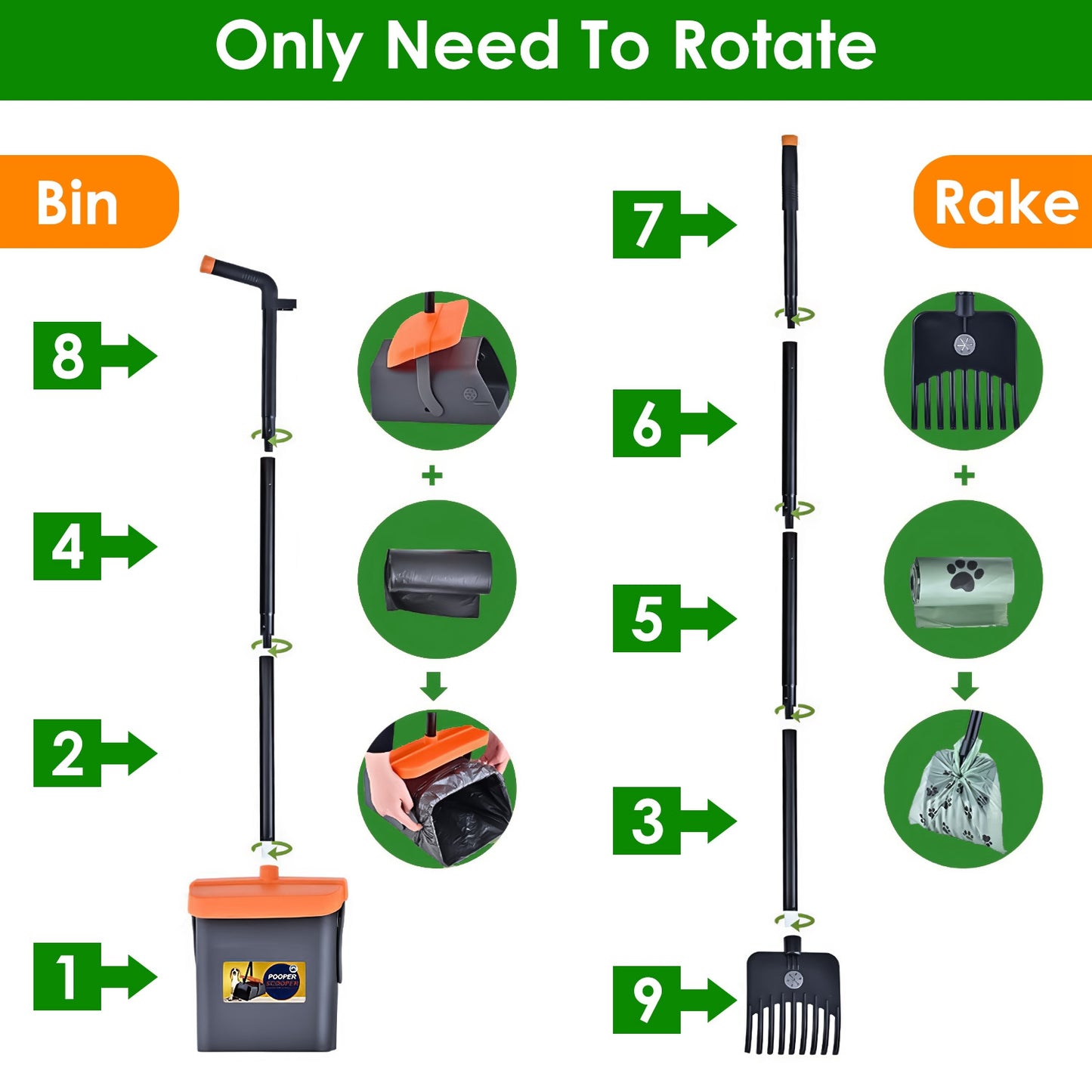 Dog Pooper Scooper Set - Long Handle Pet Waste Removal Kit with Bags