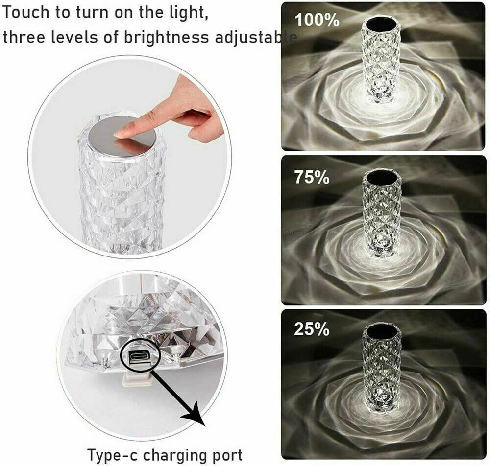 LED Crystal Table Lamp – Diamond Rose Night Light with Touch & Remote