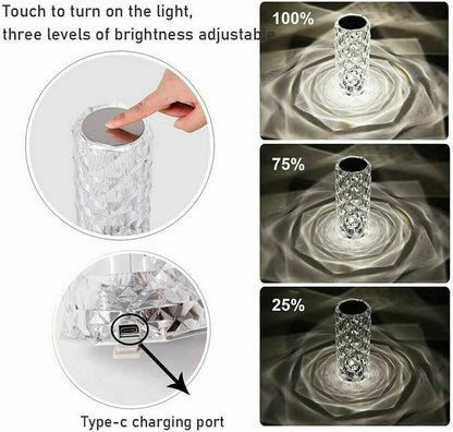 LED Crystal Table Lamp – Diamond Rose Night Light with Touch & Remote