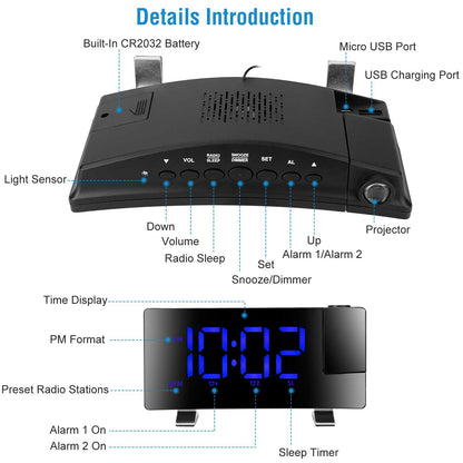Projection Alarm Clock with FM Radio & 180° Rotatable Projector