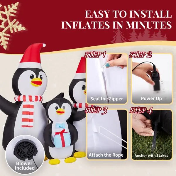 6FT Lighted Inflatable Christmas Decoration – Penguin Family with Built-in LED Lights