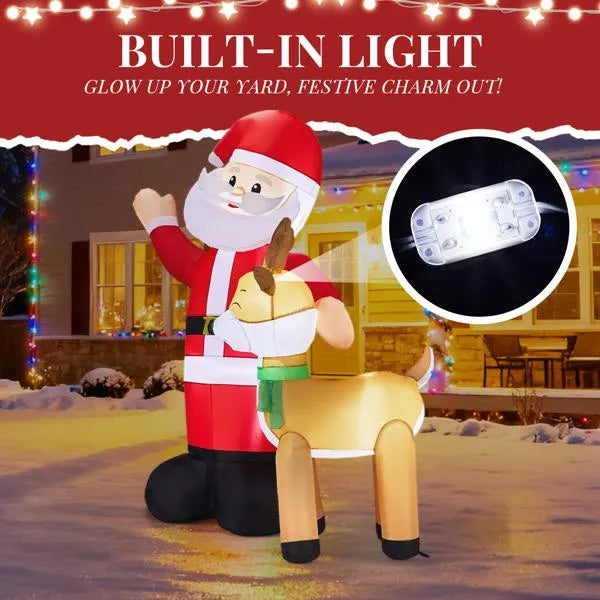 6.3FT Lighted Inflatable Santa & Reindeer – LED Christmas Blow-Up Yard Decoration