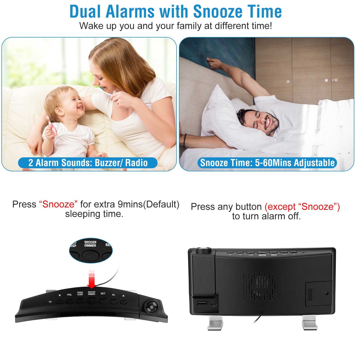 Projection Alarm Clock with FM Radio & 180° Rotatable Projector